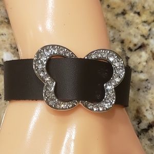 Black leather bling silver Rhinestone butterfly br
